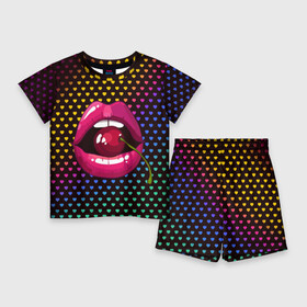 Детский костюм с шортами 3D с принтом Pop art в Белгороде,  |  | cherry | colorful | fashion | funny | gesture | lips | lipstick | makeup | mouth | pop art | rainbow | style | веселый | вишенка | вишня | губы | жест | зубы | клубный | любовь | макияж | мода | помада | поп арт | прикольный | радуга | рот | стиль | страс