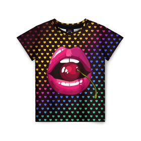 Детская футболка 3D с принтом Pop art в Белгороде, 100% гипоаллергенный полиэфир | прямой крой, круглый вырез горловины, длина до линии бедер, чуть спущенное плечо, ткань немного тянется | cherry | colorful | fashion | funny | gesture | lips | lipstick | makeup | mouth | pop art | rainbow | style | веселый | вишенка | вишня | губы | жест | зубы | клубный | любовь | макияж | мода | помада | поп арт | прикольный | радуга | рот | стиль | страс