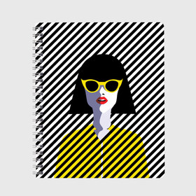 Тетрадь с принтом Pop art girl в Белгороде, 100% бумага | 48 листов, плотность листов — 60 г/м2, плотность картонной обложки — 250 г/м2. Листы скреплены сбоку удобной пружинной спиралью. Уголки страниц и обложки скругленные. Цвет линий — светло-серый
 | abstraction | bright | color | fashion | hair | lines | lips | pop art | rack | red | style | yellow | абстракция | губы | желтый | каре | красный | линии | мода | очки | поп арт | прическа | стиль | цвет | яркий