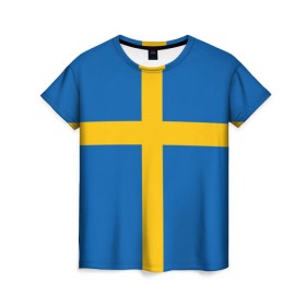 Женская футболка 3D с принтом Флаг Швеции в Белгороде, 100% полиэфир ( синтетическое хлопкоподобное полотно) | прямой крой, круглый вырез горловины, длина до линии бедер | flag | sverige | sweden | флаг | швеция