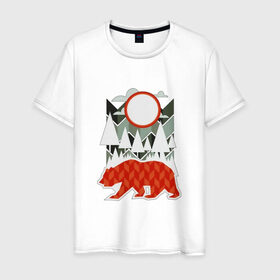 Мужская футболка хлопок с принтом Осторожно, медведь в Белгороде, 100% хлопок | прямой крой, круглый вырез горловины, длина до линии бедер, слегка спущенное плечо. | геометрические | геометрия | деревья | дорожный | животное | зверь | знак | медведь | мишка | облака | рисунок | треугольники | фигуры