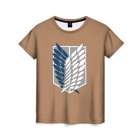 Женская футболка 3D с принтом Атака Титанов (эмблема) #3 в Белгороде, 100% полиэфир ( синтетическое хлопкоподобное полотно) | прямой крой, круглый вырез горловины, длина до линии бедер | attack on titan | shingeki no kyojin | атака титанов | белый | коричневый | серый | синий | эмблема разведчиков