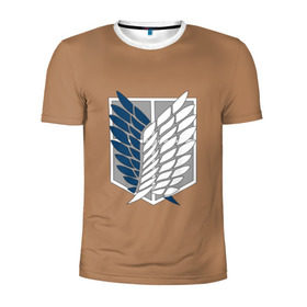 Мужская футболка 3D спортивная с принтом Атака Титанов (эмблема) #3 в Белгороде, 100% полиэстер с улучшенными характеристиками | приталенный силуэт, круглая горловина, широкие плечи, сужается к линии бедра | attack on titan | shingeki no kyojin | атака титанов | белый | коричневый | серый | синий | эмблема разведчиков