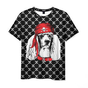 Мужская футболка 3D с принтом Пудель пират в Белгороде, 100% полиэфир | прямой крой, круглый вырез горловины, длина до линии бедер | animal | dog | pet | puppy | skull | арт | животные | пес | пират | пудель | собаки | текстура | череп