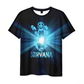 Мужская футболка 3D с принтом Группа Nirvana в Белгороде, 100% полиэфир | прямой крой, круглый вырез горловины, длина до линии бедер | kurt cobain | nirvana | вечная память | гитара | гранж | кумир | курт кобейн | лучи | микрофон | музыкант | надпись | нирвана | певец | рок | свет