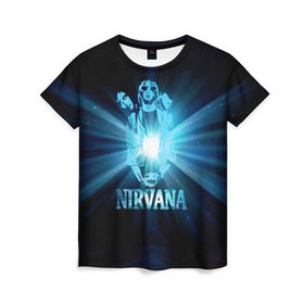 Женская футболка 3D с принтом Группа Nirvana в Белгороде, 100% полиэфир ( синтетическое хлопкоподобное полотно) | прямой крой, круглый вырез горловины, длина до линии бедер | kurt cobain | nirvana | вечная память | гитара | гранж | кумир | курт кобейн | лучи | микрофон | музыкант | надпись | нирвана | певец | рок | свет