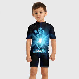 Детский купальный костюм 3D с принтом Группа Nirvana в Белгороде, Полиэстер 85%, Спандекс 15% | застежка на молнии на спине | kurt cobain | nirvana | вечная память | гитара | гранж | кумир | курт кобейн | лучи | микрофон | музыкант | надпись | нирвана | певец | рок | свет