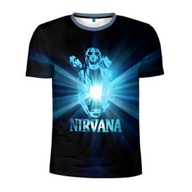 Мужская футболка 3D спортивная с принтом Группа Nirvana в Белгороде, 100% полиэстер с улучшенными характеристиками | приталенный силуэт, круглая горловина, широкие плечи, сужается к линии бедра | Тематика изображения на принте: kurt cobain | nirvana | вечная память | гитара | гранж | кумир | курт кобейн | лучи | микрофон | музыкант | надпись | нирвана | певец | рок | свет