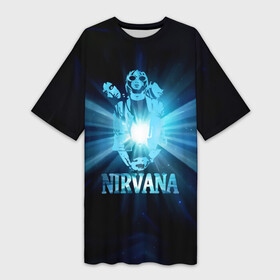 Платье-футболка 3D с принтом Группа Nirvana в Белгороде,  |  | kurt cobain | nirvana | вечная память | гитара | гранж | кумир | курт кобейн | лучи | микрофон | музыкант | надпись | нирвана | певец | рок | свет