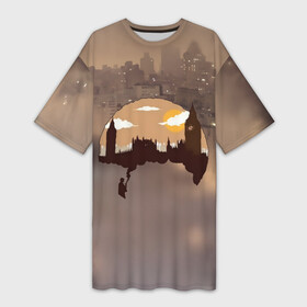 Платье-футболка 3D с принтом Шерлок Холмс Лондон в Белгороде,  |  | актер | англия | бенедикт камбербэтч | биг бен | ватсон | великобритания | город | дома | дым | закат | королевство | лицо | лондон | мариарти | сериал | телесериал | трафарет | туманный альбион | улицы