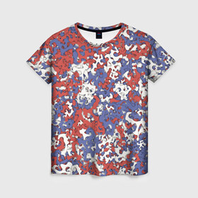 Женская футболка 3D с принтом Бело-сине-красный камуфляж в Белгороде, 100% полиэфир ( синтетическое хлопкоподобное полотно) | прямой крой, круглый вырез горловины, длина до линии бедер | белый | красный | милитари | паттрен | россия | синий | текстура | триколор | флаг
