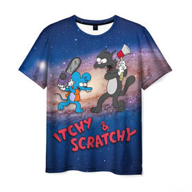 Мужская футболка 3D с принтом Itchy & Scratchy space в Белгороде, 100% полиэфир | прямой крой, круглый вырез горловины, длина до линии бедер | Тематика изображения на принте: simpsons | the itchy  scratchy | симпсоны | щекотка и царапка