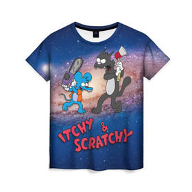 Женская футболка 3D с принтом Itchy & Scratchy space в Белгороде, 100% полиэфир ( синтетическое хлопкоподобное полотно) | прямой крой, круглый вырез горловины, длина до линии бедер | simpsons | the itchy  scratchy | симпсоны | щекотка и царапка