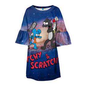 Детское платье 3D с принтом Itchy & Scratchy space в Белгороде, 100% полиэстер | прямой силуэт, чуть расширенный к низу. Круглая горловина, на рукавах — воланы | simpsons | the itchy  scratchy | симпсоны | щекотка и царапка