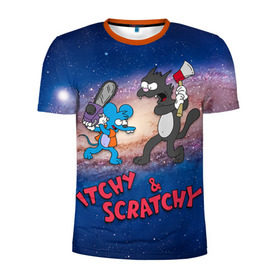 Мужская футболка 3D спортивная с принтом Itchy & Scratchy space в Белгороде, 100% полиэстер с улучшенными характеристиками | приталенный силуэт, круглая горловина, широкие плечи, сужается к линии бедра | Тематика изображения на принте: simpsons | the itchy  scratchy | симпсоны | щекотка и царапка