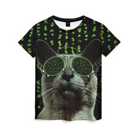 Женская футболка 3D с принтом Кот в матрице в Белгороде, 100% полиэфир ( синтетическое хлопкоподобное полотно) | прямой крой, круглый вырез горловины, длина до линии бедер | кот | матрица | очки