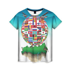 Женская футболка 3D с принтом Флаги в Белгороде, 100% полиэфир ( синтетическое хлопкоподобное полотно) | прямой крой, круглый вырез горловины, длина до линии бедер | америка | казахстан | карта | россия | туризм | флаг | флаги | шар