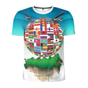 Мужская футболка 3D спортивная с принтом Флаги в Белгороде, 100% полиэстер с улучшенными характеристиками | приталенный силуэт, круглая горловина, широкие плечи, сужается к линии бедра | америка | казахстан | карта | россия | туризм | флаг | флаги | шар