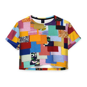 Женская футболка 3D укороченная с принтом Цветные лоскуты в Белгороде, 100% полиэстер | круглая горловина, длина футболки до линии талии, рукава с отворотами | color | spray | капли красок | лоскуты | одежда | радуга | разноцветные | цветные