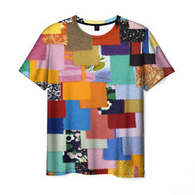 Мужская футболка 3D с принтом Цветные лоскуты в Белгороде, 100% полиэфир | прямой крой, круглый вырез горловины, длина до линии бедер | color | spray | капли красок | лоскуты | одежда | радуга | разноцветные | цветные