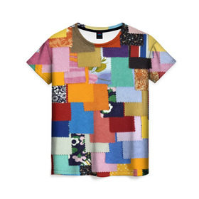 Женская футболка 3D с принтом Цветные лоскуты в Белгороде, 100% полиэфир ( синтетическое хлопкоподобное полотно) | прямой крой, круглый вырез горловины, длина до линии бедер | color | spray | капли красок | лоскуты | одежда | радуга | разноцветные | цветные