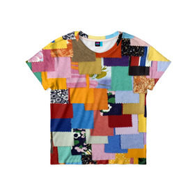 Детская футболка 3D с принтом Цветные лоскуты в Белгороде, 100% гипоаллергенный полиэфир | прямой крой, круглый вырез горловины, длина до линии бедер, чуть спущенное плечо, ткань немного тянется | color | spray | капли красок | лоскуты | одежда | радуга | разноцветные | цветные