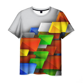 Мужская футболка 3D с принтом Абстрактные фигуры в Белгороде, 100% полиэфир | прямой крой, круглый вырез горловины, длина до линии бедер | Тематика изображения на принте: грань | краски | кубик | кубики | линии | мозаика | разноцветные кубы | ребро | текстура | тени | узор