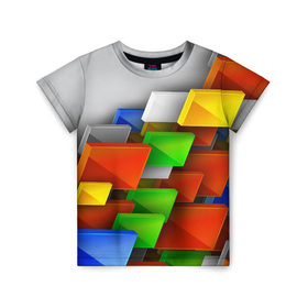 Детская футболка 3D с принтом Абстрактные фигуры в Белгороде, 100% гипоаллергенный полиэфир | прямой крой, круглый вырез горловины, длина до линии бедер, чуть спущенное плечо, ткань немного тянется | грань | краски | кубик | кубики | линии | мозаика | разноцветные кубы | ребро | текстура | тени | узор