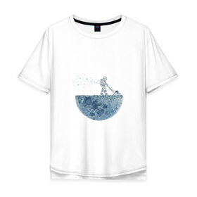 Мужская футболка хлопок Oversize с принтом Стрижет луну в Белгороде, 100% хлопок | свободный крой, круглый ворот, “спинка” длиннее передней части | Тематика изображения на принте: газонокосилка | звезды | космонавт | космос | луна | луны | поверхность | пузыри | рисунок | скафандр | фантастика