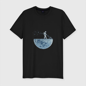 Мужская футболка премиум с принтом Стрижет луну в Белгороде, 92% хлопок, 8% лайкра | приталенный силуэт, круглый вырез ворота, длина до линии бедра, короткий рукав | газонокосилка | звезды | космонавт | космос | луна | луны | поверхность | пузыри | рисунок | скафандр | фантастика