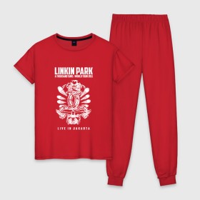 Женская пижама хлопок с принтом Linkin Park две эмблемы в Белгороде, 100% хлопок | брюки и футболка прямого кроя, без карманов, на брюках мягкая резинка на поясе и по низу штанин | 