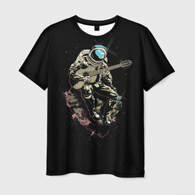 Мужская футболка 3D с принтом Космонавт с гитарой в Белгороде, 100% полиэфир | прямой крой, круглый вырез горловины, длина до линии бедер | гитара | звезды | земля | космонавт | космос | рок | сфера