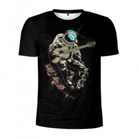 Мужская футболка 3D спортивная с принтом Космонавт с гитарой в Белгороде, 100% полиэстер с улучшенными характеристиками | приталенный силуэт, круглая горловина, широкие плечи, сужается к линии бедра | гитара | звезды | земля | космонавт | космос | рок | сфера