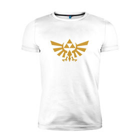 Мужская футболка премиум с принтом The Legend of Zelda в Белгороде, 92% хлопок, 8% лайкра | приталенный силуэт, круглый вырез ворота, длина до линии бедра, короткий рукав | Тематика изображения на принте: triforce | желтый | зельда | легенда | лого | трифорс | эмблема