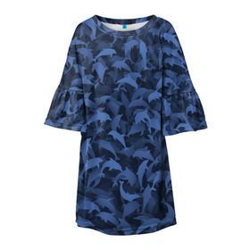 Детское платье 3D с принтом Камуфляж с дельфинами в Белгороде, 100% полиэстер | прямой силуэт, чуть расширенный к низу. Круглая горловина, на рукавах — воланы | Тематика изображения на принте: вода | дельфин | дельфины | милитари | море | океан | паттерн | синий | текстура | черное