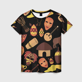 Женская футболка 3D с принтом Бужумбура в Белгороде, 100% полиэфир ( синтетическое хлопкоподобное полотно) | прямой крой, круглый вырез горловины, длина до линии бедер | африка | барабан | маска | слон | черный