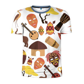 Мужская футболка 3D спортивная с принтом Гамбия в Белгороде, 100% полиэстер с улучшенными характеристиками | приталенный силуэт, круглая горловина, широкие плечи, сужается к линии бедра | африка | барабан | белый | маска | слон