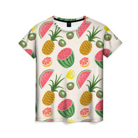 Женская футболка 3D с принтом Тропический рай в Белгороде, 100% полиэфир ( синтетическое хлопкоподобное полотно) | прямой крой, круглый вырез горловины, длина до линии бедер | ананас | арбуз | киви | лимон | манго | паттерн | тропики | фрукты