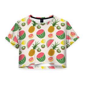 Женская футболка 3D укороченная с принтом Тропический рай в Белгороде, 100% полиэстер | круглая горловина, длина футболки до линии талии, рукава с отворотами | ананас | арбуз | киви | лимон | манго | паттерн | тропики | фрукты