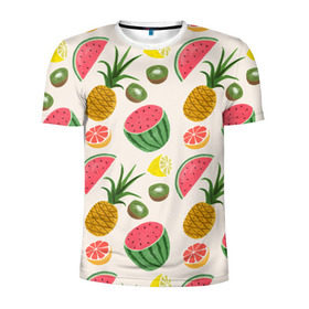 Мужская футболка 3D спортивная с принтом Тропический рай в Белгороде, 100% полиэстер с улучшенными характеристиками | приталенный силуэт, круглая горловина, широкие плечи, сужается к линии бедра | ананас | арбуз | киви | лимон | манго | паттерн | тропики | фрукты