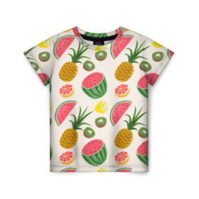 Детская футболка 3D с принтом Тропический рай в Белгороде, 100% гипоаллергенный полиэфир | прямой крой, круглый вырез горловины, длина до линии бедер, чуть спущенное плечо, ткань немного тянется | ананас | арбуз | киви | лимон | манго | паттерн | тропики | фрукты