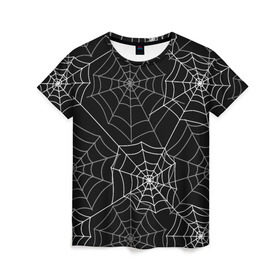 Женская футболка 3D с принтом Паутинка в Белгороде, 100% полиэфир ( синтетическое хлопкоподобное полотно) | прямой крой, круглый вырез горловины, длина до линии бедер | белый | паутина | узор | хэллоуин | черный