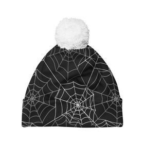 Шапка 3D c помпоном с принтом Паутинка в Белгороде, 100% полиэстер | универсальный размер, печать по всей поверхности изделия | белый | паутина | узор | хэллоуин | черный