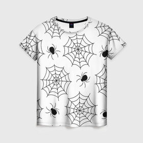 Женская футболка 3D с принтом Паутинка в Белгороде, 100% полиэфир ( синтетическое хлопкоподобное полотно) | прямой крой, круглый вырез горловины, длина до линии бедер | белый | паук | паутина | узор | хэллоуин | черный