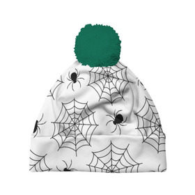 Шапка 3D c помпоном с принтом Паутинка в Белгороде, 100% полиэстер | универсальный размер, печать по всей поверхности изделия | белый | паук | паутина | узор | хэллоуин | черный
