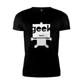 Мужская футболка премиум с принтом Робот geek (компьютерщик) в Белгороде, 92% хлопок, 8% лайкра | приталенный силуэт, круглый вырез ворота, длина до линии бедра, короткий рукав | админ | программист | работа | улыбка | фанат | хакер