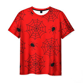 Мужская футболка 3D с принтом Happy Halloween в Белгороде, 100% полиэфир | прямой крой, круглый вырез горловины, длина до линии бедер | Тематика изображения на принте: белый | паук | паутина | узор | хэллоуин | черный