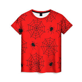 Женская футболка 3D с принтом Happy Halloween в Белгороде, 100% полиэфир ( синтетическое хлопкоподобное полотно) | прямой крой, круглый вырез горловины, длина до линии бедер | белый | паук | паутина | узор | хэллоуин | черный