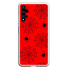 Чехол для Honor 20 с принтом Happy Halloween в Белгороде, Силикон | Область печати: задняя сторона чехла, без боковых панелей | белый | паук | паутина | узор | хэллоуин | черный