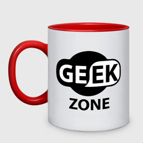 Кружка двухцветная с принтом Geek zone в Белгороде, керамика | объем — 330 мл, диаметр — 80 мм. Цветная ручка и кайма сверху, в некоторых цветах — вся внутренняя часть | Тематика изображения на принте: 8 bit | atari | dendy | gamer | geek | nintendo | pac man | retro gamer | sega | атари | денди | нинтендо | сега | скелет